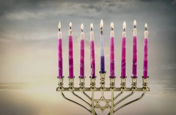 Єврейський Символ Свята Палаючими Свічками Hanukkah Menorah Православному Юдейському Фестивалі — стокове фото