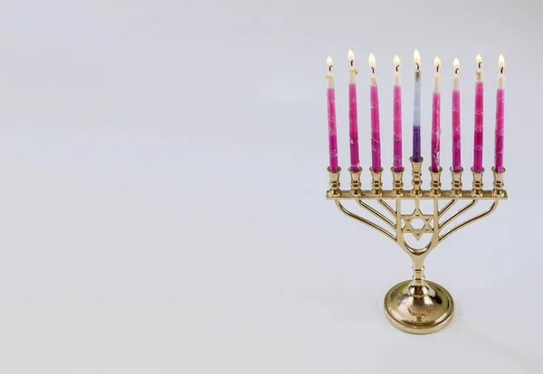 Símbolo Tradicional Hebreo Menorá Janucá Con Velas Encendidas Para Fiesta —  Fotos de Stock