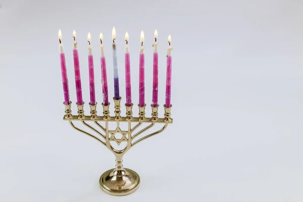 Traditionell Symbol Hebreiska Menorah Hanukkah Med Brinnande Ljus Den Ortodoxa — Stockfoto