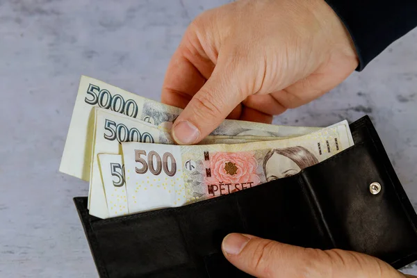 Man Counts Czech Korun His Wallet Czech Republic Banknotes — Stock Photo, Image