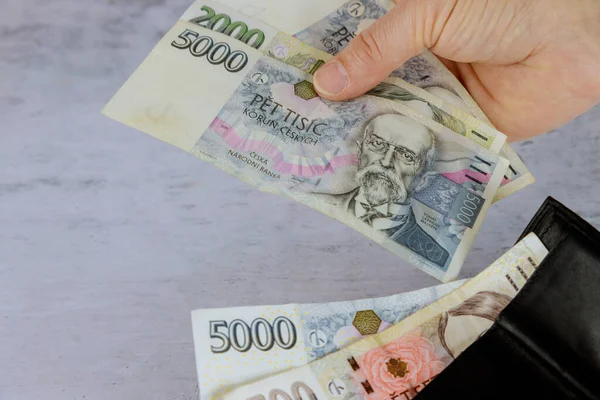 Czech Banknote Man Counts Czech Korun His Wallet — Stock Photo, Image