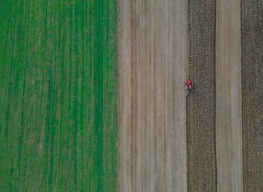 Tarla tarlasında tarla sürme tarlası olan kırmızı traktör.