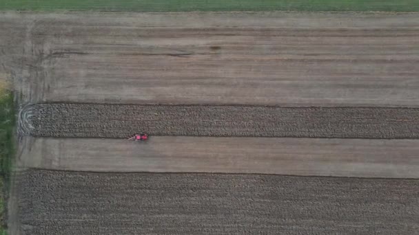 Luftaufnahme des landwirtschaftlichen Feldes moderner roter Traktor pflügt Land. — Stockvideo