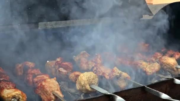 Deliciosa carne asada con la parrilla sobre las brasas en la barbacoa — Vídeos de Stock