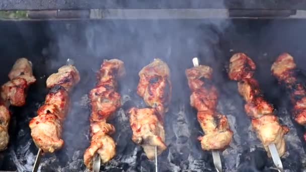 Churrasco apetitoso carne grelhar ao ar livre em shashlik kebab em espetos de metal — Vídeo de Stock