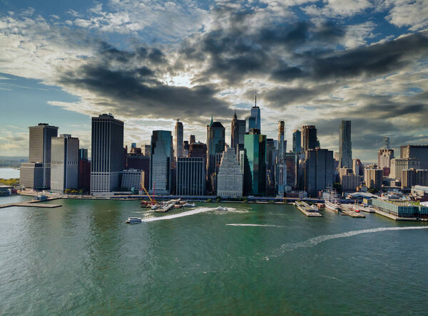 Wonderful aerial view of New York City Manhattan midtown skyline panorama with historical landmark skyscrapers over Hudson river