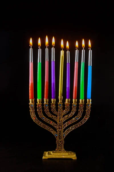 Hebrew Menorah Hanukkah Burning Candles Traditional Symbol Jewish Holiday — Stock Photo, Image