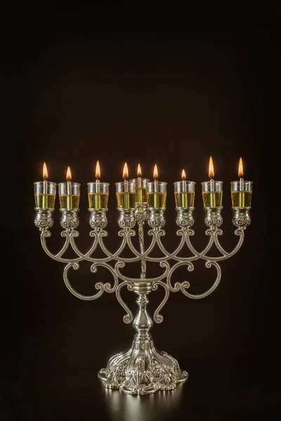 Jewish Festival Lights Holiday Symbol Hanukkah Menorah Hanukkiah Oil Candles — Stock Photo, Image
