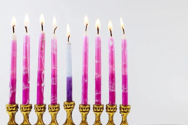 Religione Ebraica Simbolo Festa Hanukkah Hanukkiah Minorca Con Candele Bruciate — Foto Stock