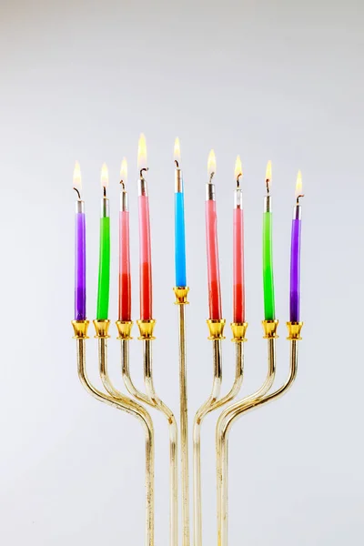 Fiesta Tradicional Judía Hanukkah Con Hanukkiah Menorah Nueve Velas —  Fotos de Stock