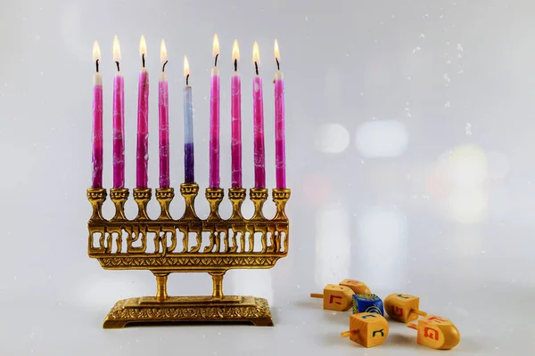 Luces Judías Fiesta Chanukah Símbolo Menorah Llamas Del Judaísmo Tradicional —  Fotos de Stock