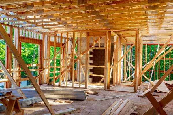 Wooden Frame Structure House Building New Development Framing Construction — Stock Photo, Image