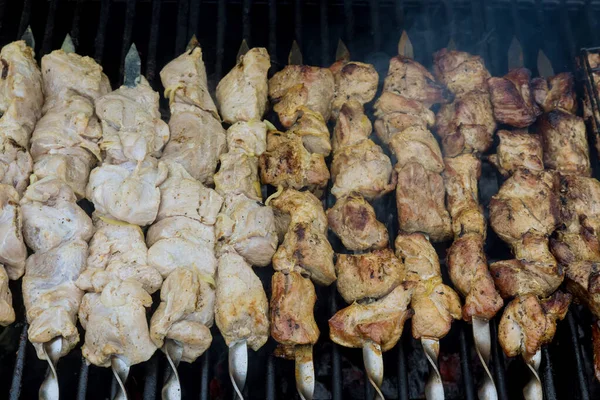 将生肉用金属棒挂在煮肉的煤块上 在烤架上烧烤 — 图库照片