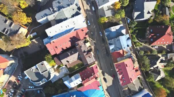 Aerial top down drone view on Uzhhorod town with narrow streets, ancient buildings with red roofs Transcarpathia, Ukraine — Stock Video