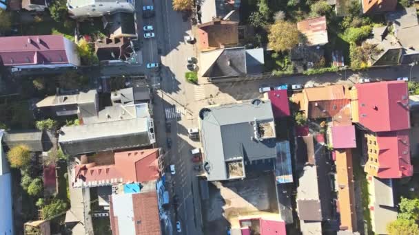 Uzhhorod town with narrow streets, ancient buildings aerial top view on with red roofs Transcarpathia, Ukraine — Stock Video