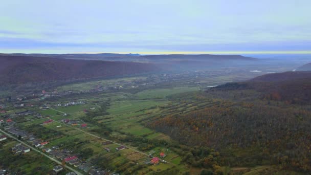 एक ऊंचाई से एक गांव की ऊंचाई से लैंडस्केप, खेतों के साथ शीर्ष दृश्य — स्टॉक वीडियो