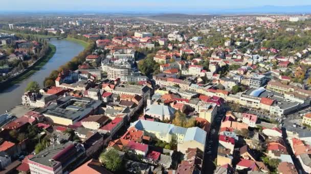 Panoramic aerial view of historic city Uzhhorod in a beautiful summer day — Stock Video