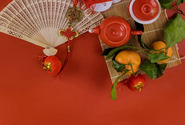 Κινεζική Πρωτοχρονιά Γιορτές Της Διακόσμησης Σετ Τσαγιού Τελετή Στα Πορτοκάλια — Φωτογραφία Αρχείου
