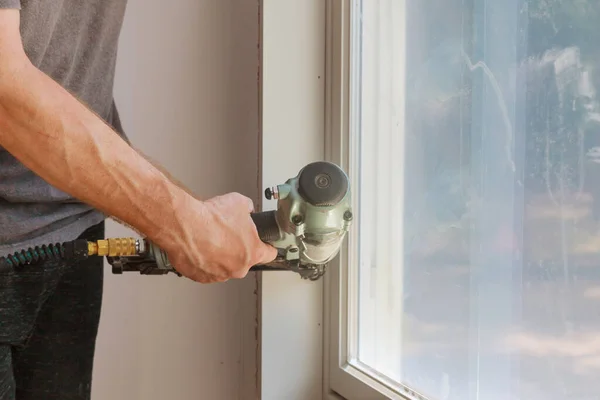 Worker Installing Trim Window Molding Installed Moldings Materials — Stock Photo, Image