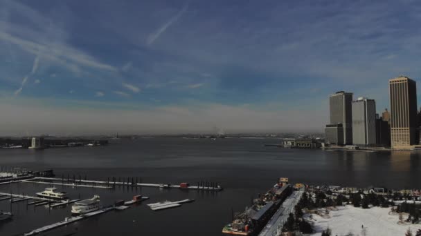 New York City Manhattan skyline panorama beautiful America of aerial view on skyscrapers over Hudson River US — Stock Video