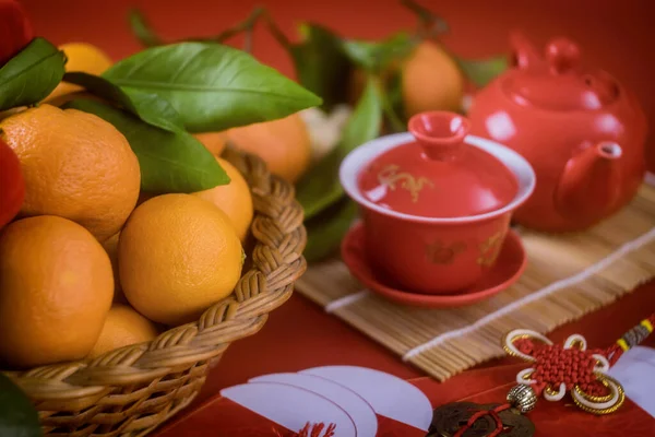 Κινέζικη Διακόσμηση Πρωτοχρονιάς Διακοσμήσεις Αξεσουάρ Παραδοσιακά Πορτοκάλια Μανταρίνι Δοχείο Κόκκινο — Φωτογραφία Αρχείου