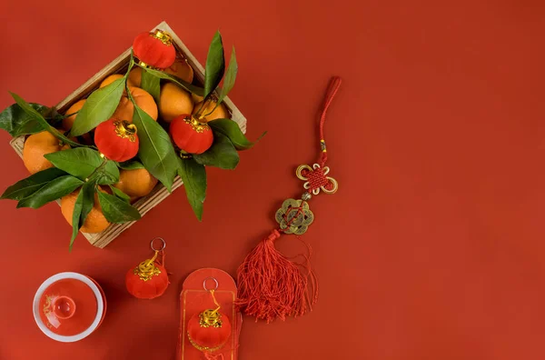 Διακόσμηση Των Αξεσουάρ Στην Κινεζική Πρωτοχρονιά Γιορτή Παραδοσιακό Δοχείο Μανταρίνι — Φωτογραφία Αρχείου