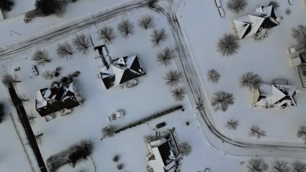 Flyg ner till på täckta enskilda hus och vägar på vintern gårdar täckt snö med snö — Stockvideo