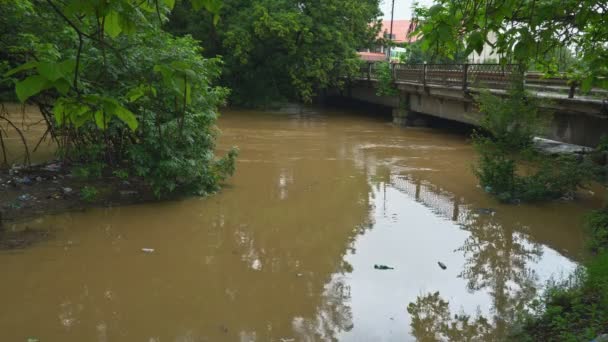 Πλημμύρα πάνω από τη γέφυρα του ποταμού πνιγμένη από τις πλημμύρες — Αρχείο Βίντεο