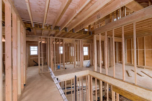 Under construction home framing interior view of a house