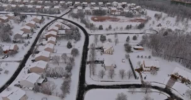Чудові зимові пейзажі даху будинки покривали сніг на повітрі з житловим невеликим містом снігом взимку після снігових дерев покритих — стокове відео