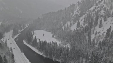 Karlı dağ manzarası Yellowstone nehri karla kaplı çam ağaçları