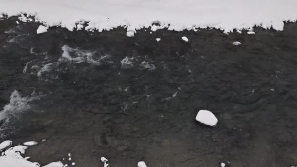 Invierno paisaje nevado con río descongelado un bosque de abeto con ramas cubiertas de nieve en las nevadas — Vídeos de Stock
