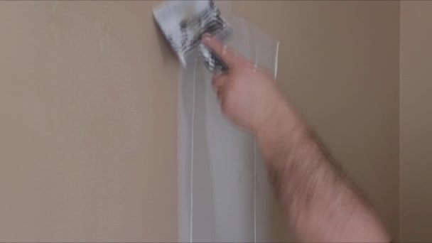 Travailleur de la construction professionnel appliquant un revêtement de plâtre sur le panneau de plâtre fraîchement — Video