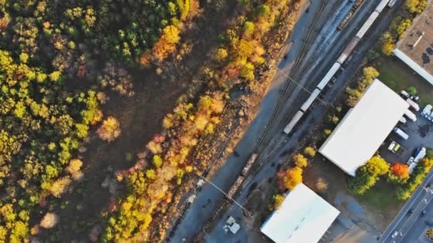 Αεροφωτογραφία του μεγάλου σιδηροδρόμου που βρίσκεται περιοχή φόρτωσης δρόμο σταθμό στη μικρή κατοικημένη περιοχή κοινότητα με κίτρινο τοπίο φθινόπωρο δάσος — Αρχείο Βίντεο