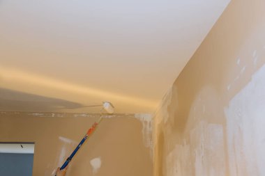 Ressamın arka görünüşü odada bir silindirle tavanı boyuyor.