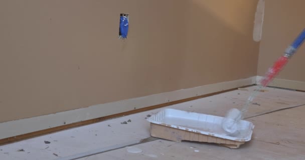 ローラーは、塗料で壁を塗装する前にプラスチック容器内の液体プライマーに濡らされています — ストック動画