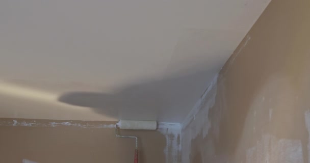 Worker priming with a paint roller with repair the ceiling wall after applying plaster for interior reconstruction works — Stock Video