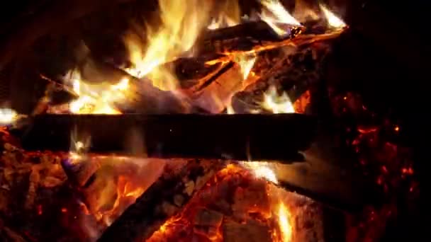 Embers rougeoyant dans le feu de joie de feu flamboyant braises — Video