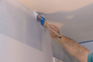 Profesyonel ressam, duvara boya sürmek için fırça kullanıyor.