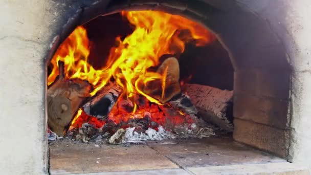 Готуємо смачну піцу в дерев'яній цегляній печі для випічки піци — стокове відео