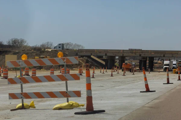Renovation bridge construction site on reconstruction of the bridge of a modern road interchange in US