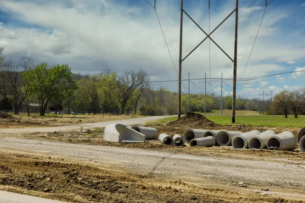 Main road drainage system under construction on concrete manholes are installed at constructed for draining stormwater