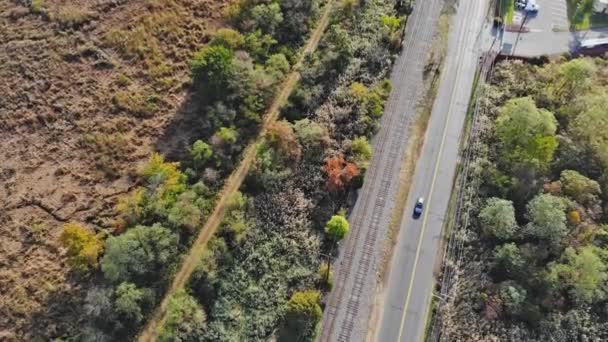 Landschaft mit einer Straße durch einen farbenfrohen Laubwald, um die Schönheit der Herbstwälder auf einer märchenhaften Wanderung zu genießen — Stockvideo