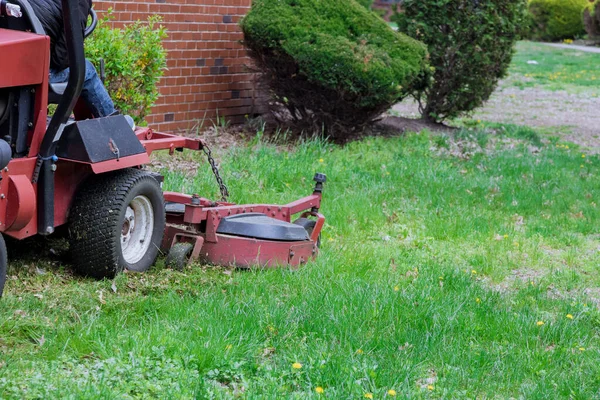 Alat Kepedulian Kebun Dalam Mesin Pemotong Rumput Yang Bekerja Halaman — Stok Foto