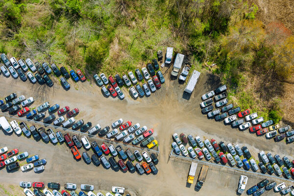 View panorama auction lot terminal parked on many used cars parking a rows