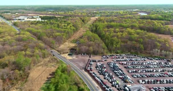 Panorama uitzicht op veel gebruikte auto 's parkeren van een rijen voor veiling partij terminal geparkeerd — Stockvideo