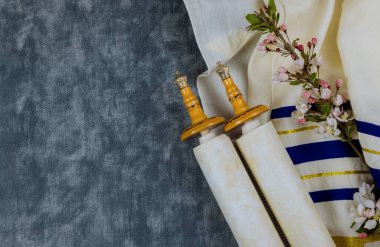 Musevi Ortodoks bayramları, dua öğeleri sırasında bir sinagogda Torah parşömeniyle konuşulan dua şalı.