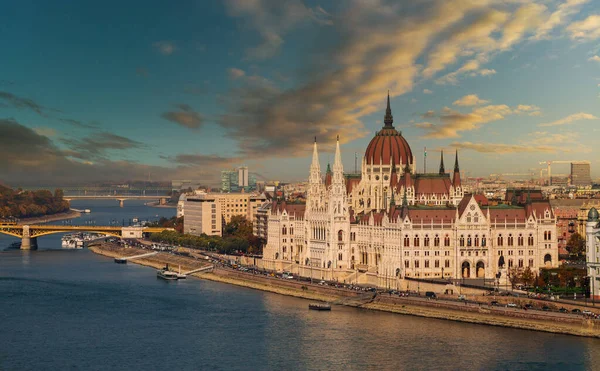 Budapest parliament building landscape panorama in sunset view with river Danube an capital of Hungary