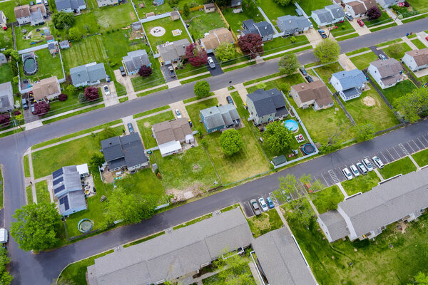 View from the height of a the american small town roofs in Bensalem town Pennsylvania US