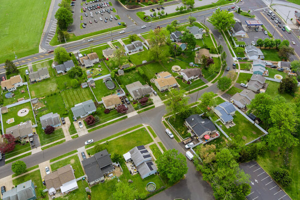 Wide panorama, aerial view with tall buildings, in the beautiful residential quarters Bensalem town Pennsylvania USA